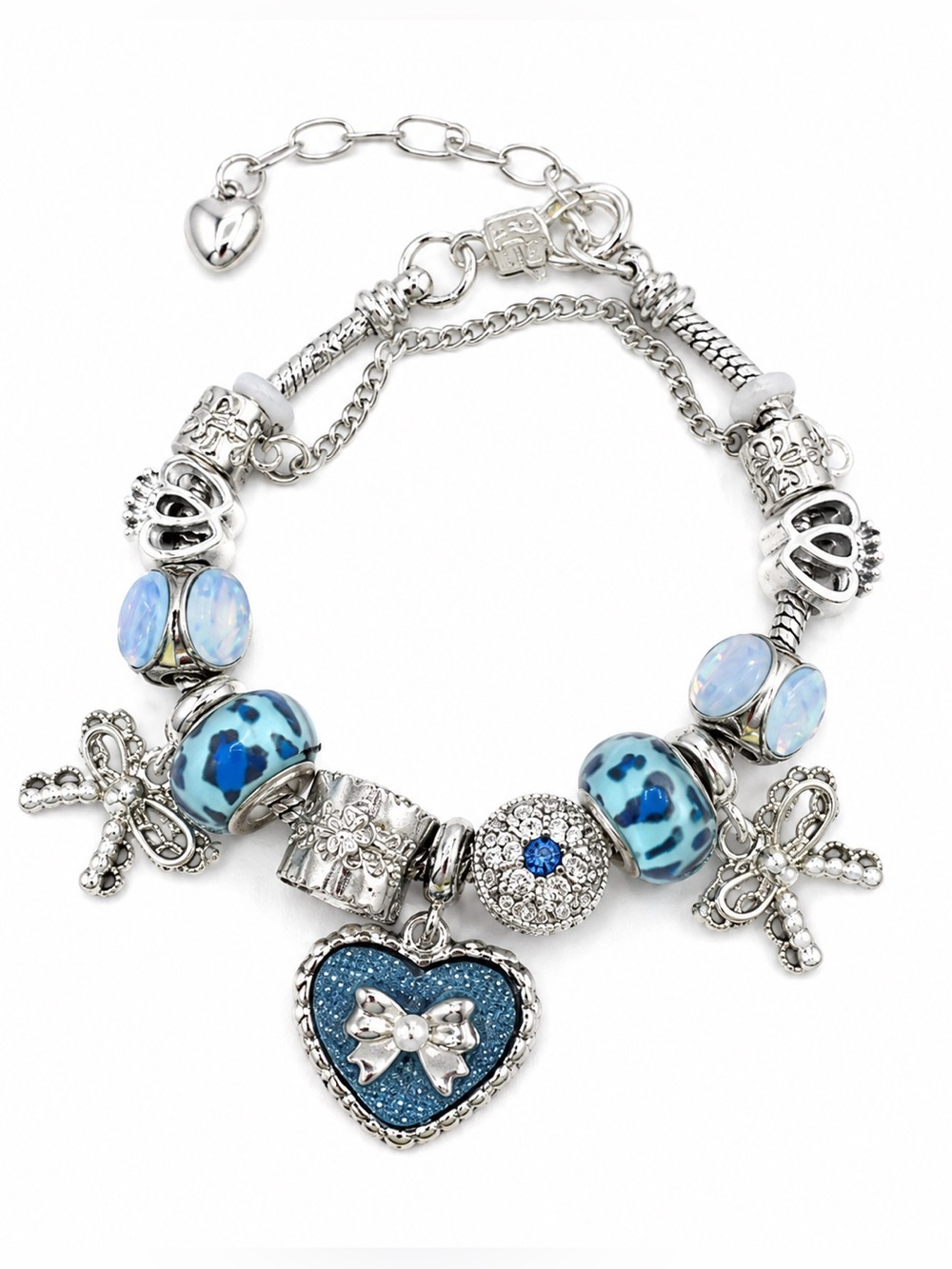 Silver-Tone Blue Heart Charm Bracelet with Sparkle Beads